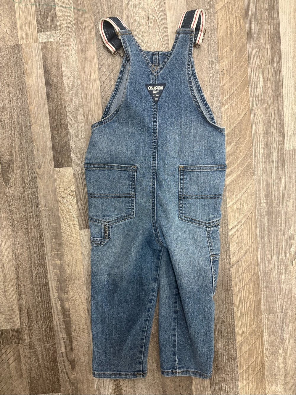 OshKosh B'gosh Denim Blue Overalls with Navy & Pink Striped Straps 3T - Picture 5 of 5